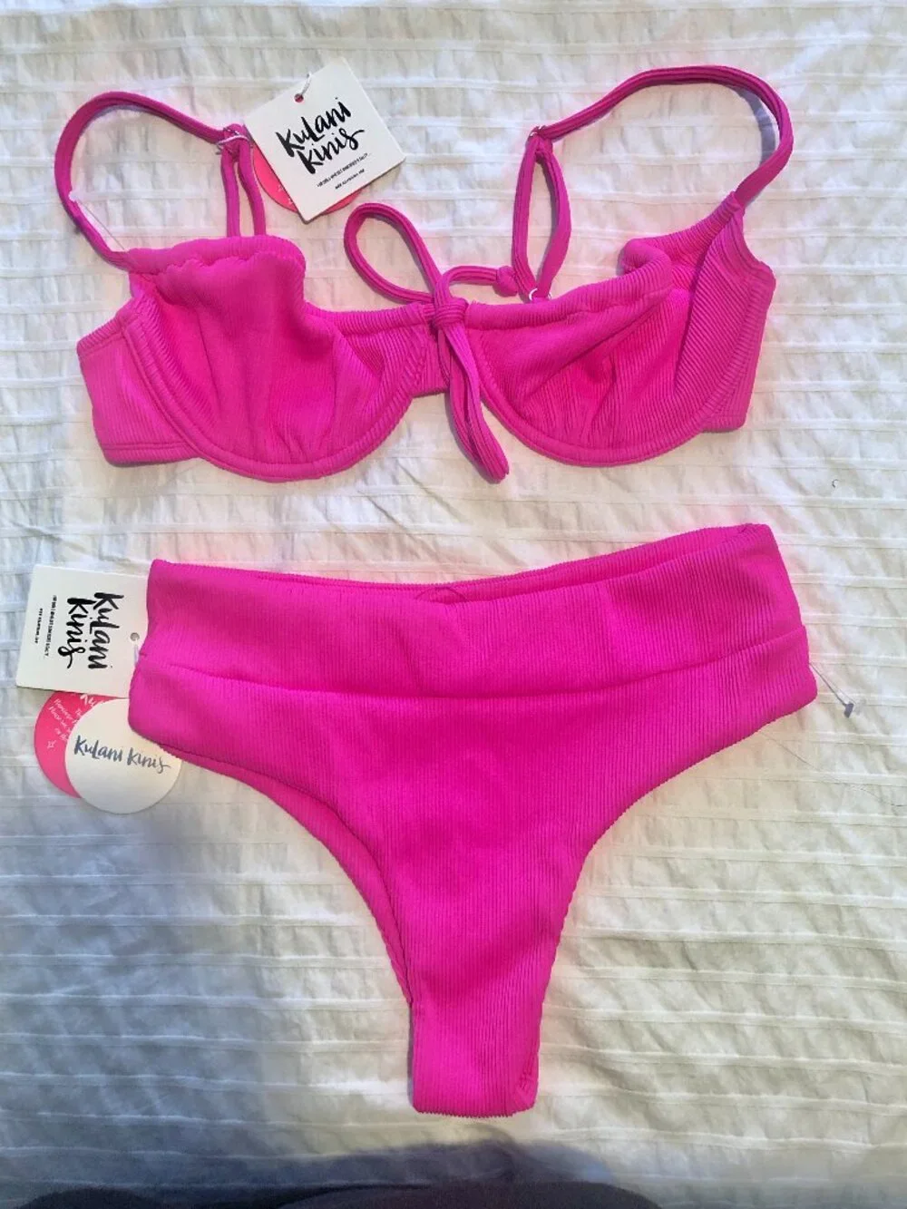 NWT Kulani Kini Flamingo hot Pink Ribbed Bikini size Large - Picture 3 of 13